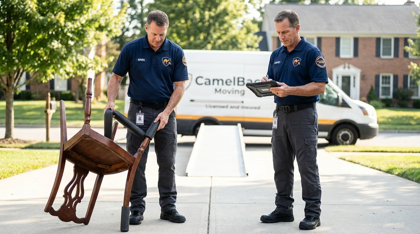 Movers inspecting furniture for damage prevention before loading in Miramar Beach, FL